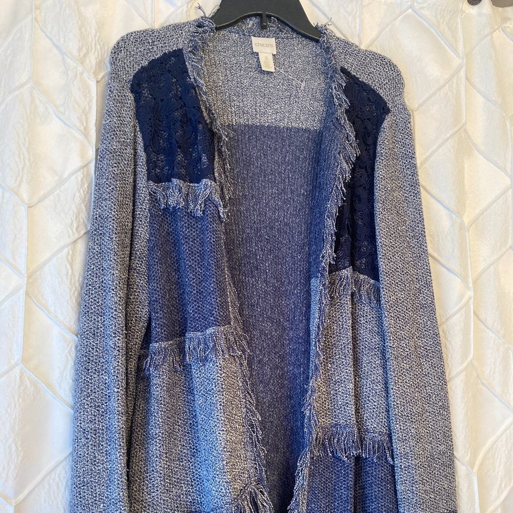 Cardigan sweater with fringe and lace accents - Chico's Size 3